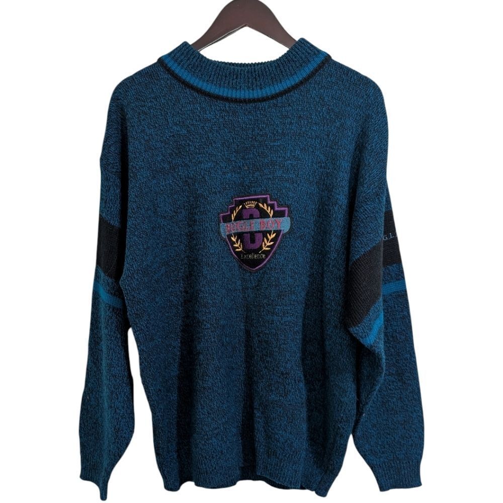 Vintage 90s Bugle Boy Excellence Crest Knit Sweater Teal Blue - L Grandpa core